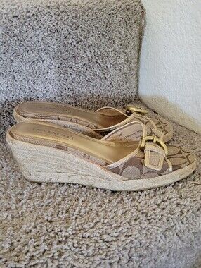 Coach Beige Signature Canvas Espadrille Wedges with Gold Buckle Size 5B